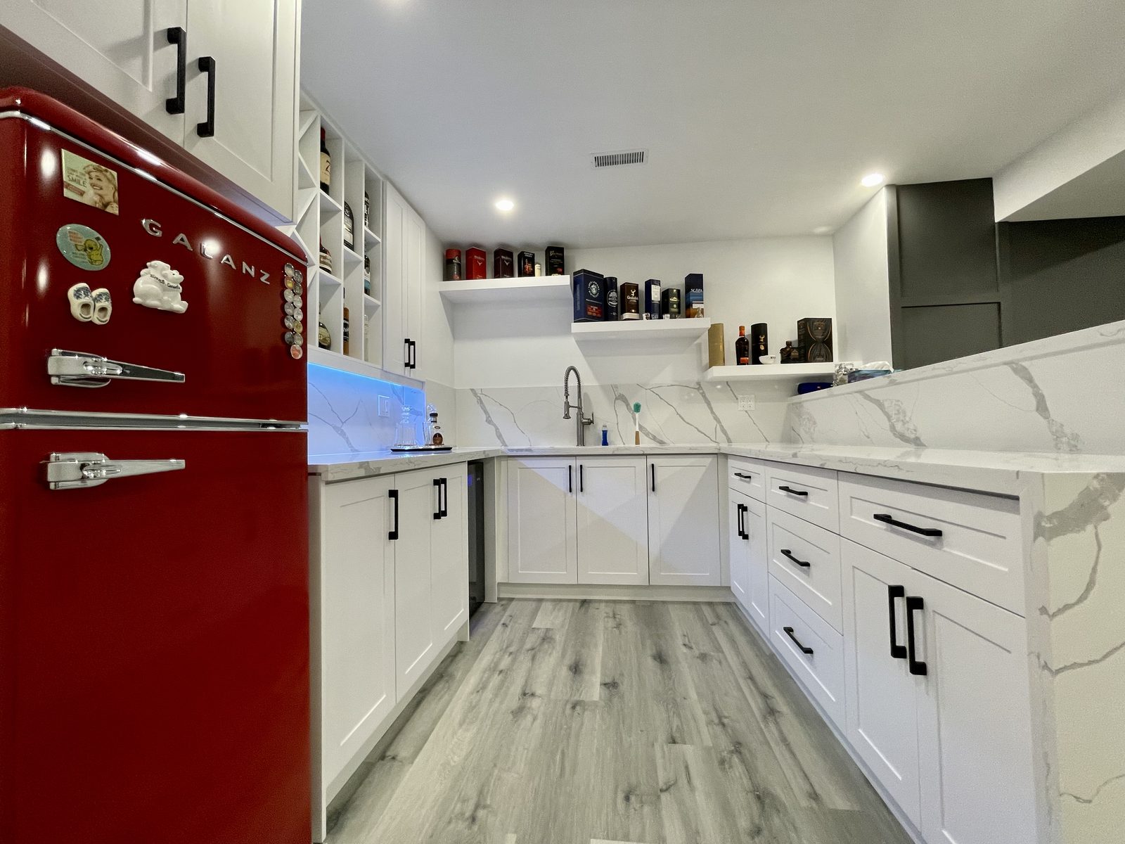 Marble bar counter and custom cabinets